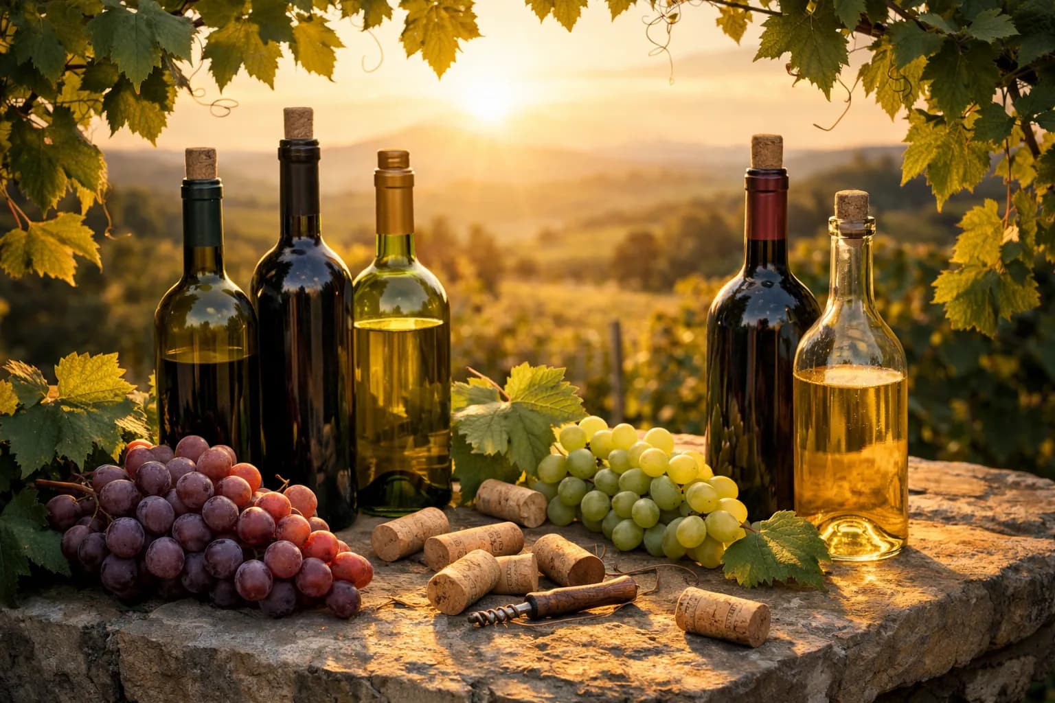 Landscape still life of wine bottles, stemware, corks, and grapevine leaves on a stone surface in natural evening light