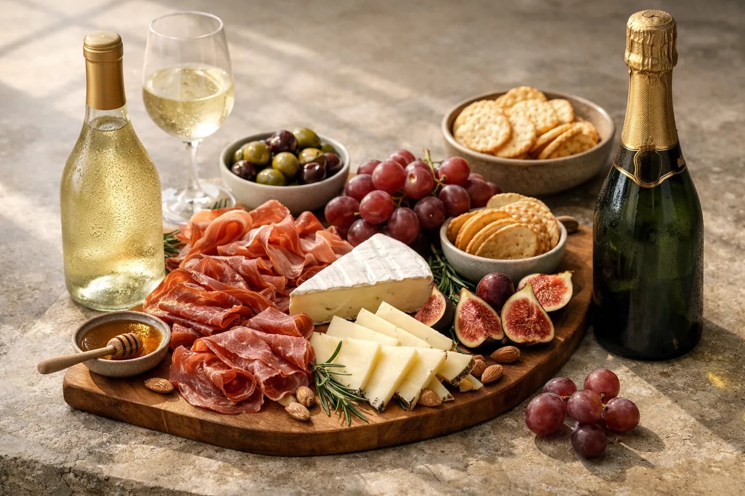Editorial still life of a charcuterie board with cured meats, cheeses, grapes, crackers, olives, and a bottle of wine on a stone table in natural light