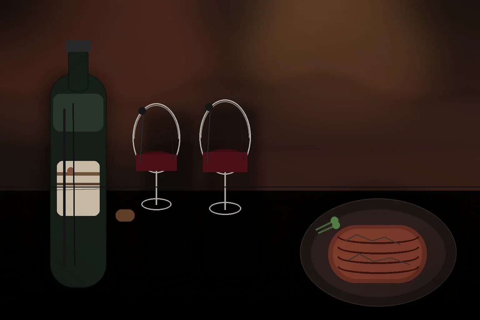 Editorial still life of a steak dinner with a red wine bottle, two glasses, herbs, salt, and a cast-iron pan on a dark stone surface