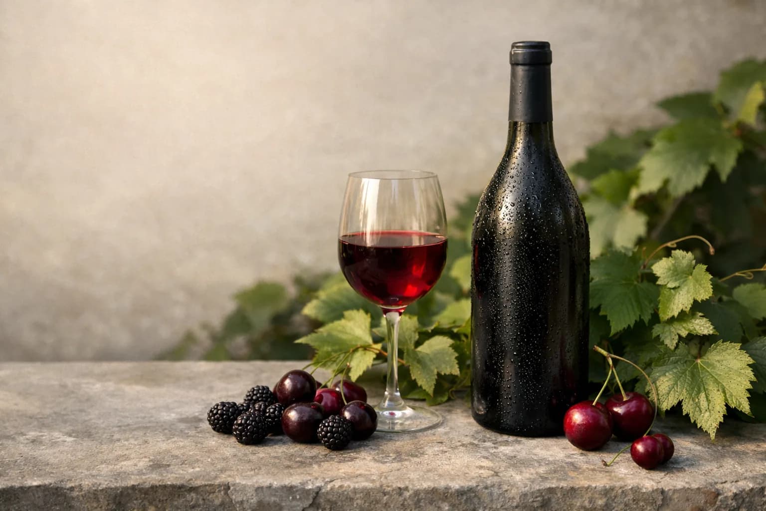 Editorial still life of a chilled red wine bottle, a stemmed glass, cherries, and vine leaves on a stone surface in natural light
