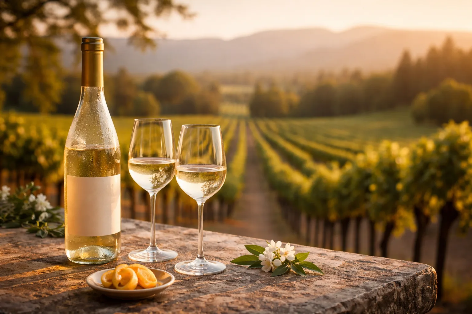Two chilled white wine glasses beside a bottle and citrus on a stone table overlooking vineyard hills at sunset