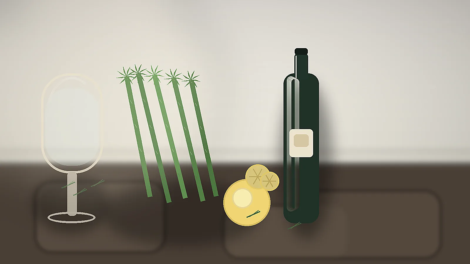 Editorial still life of asparagus, a chilled white wine bottle, citrus, herbs, and stemware on a stone table in natural light