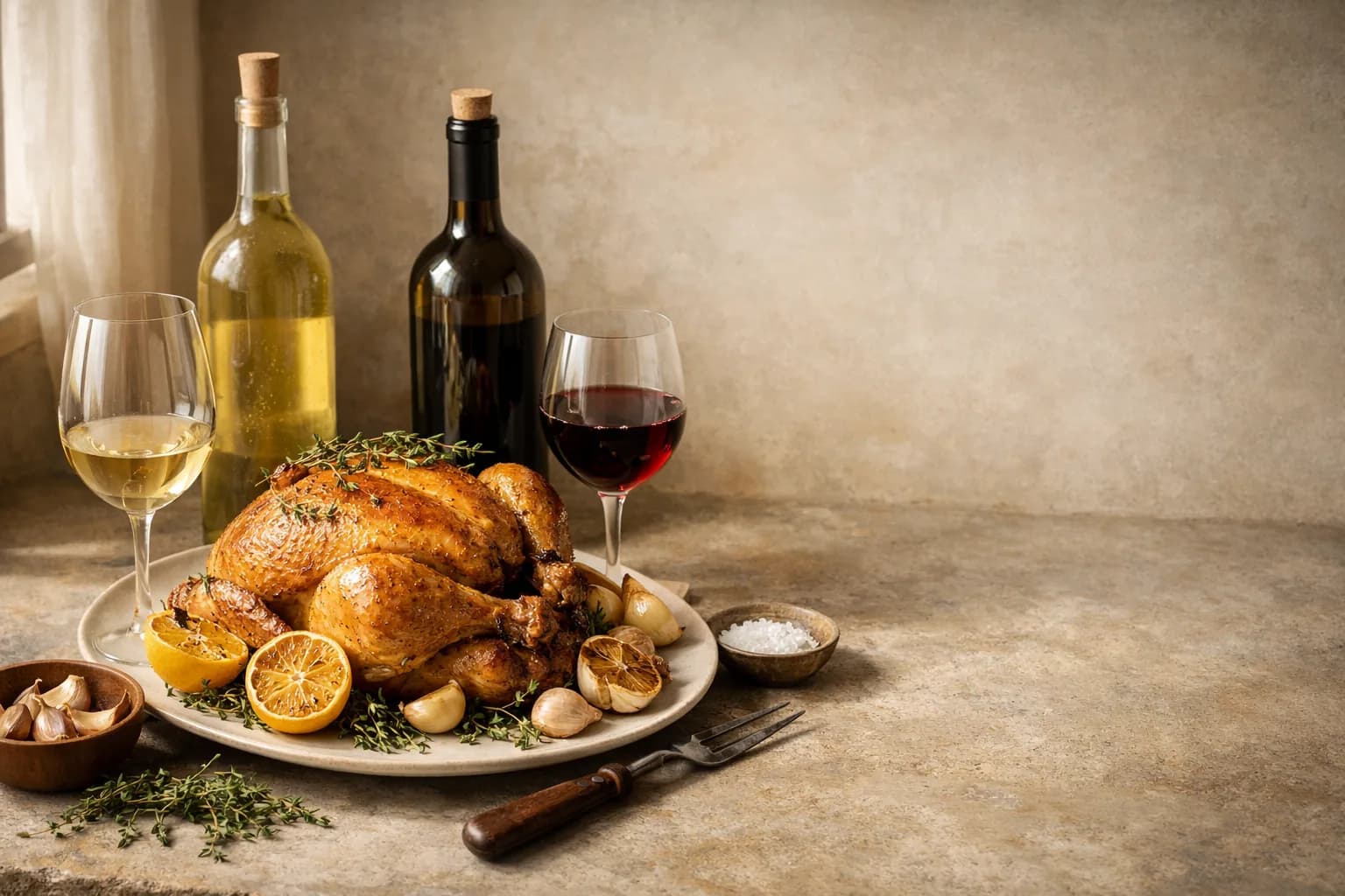 Editorial still life of roast chicken with lemon, herbs, a white wine bottle, a red wine bottle, and stemware on a stone table in natural light