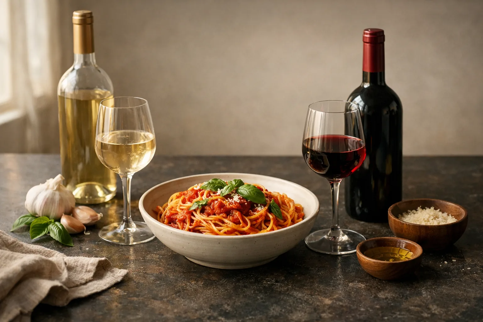 Editorial still life of a bowl of pasta with tomato sauce, basil, garlic, a white wine bottle, a red wine bottle, and stemware on a stone table in natural light
