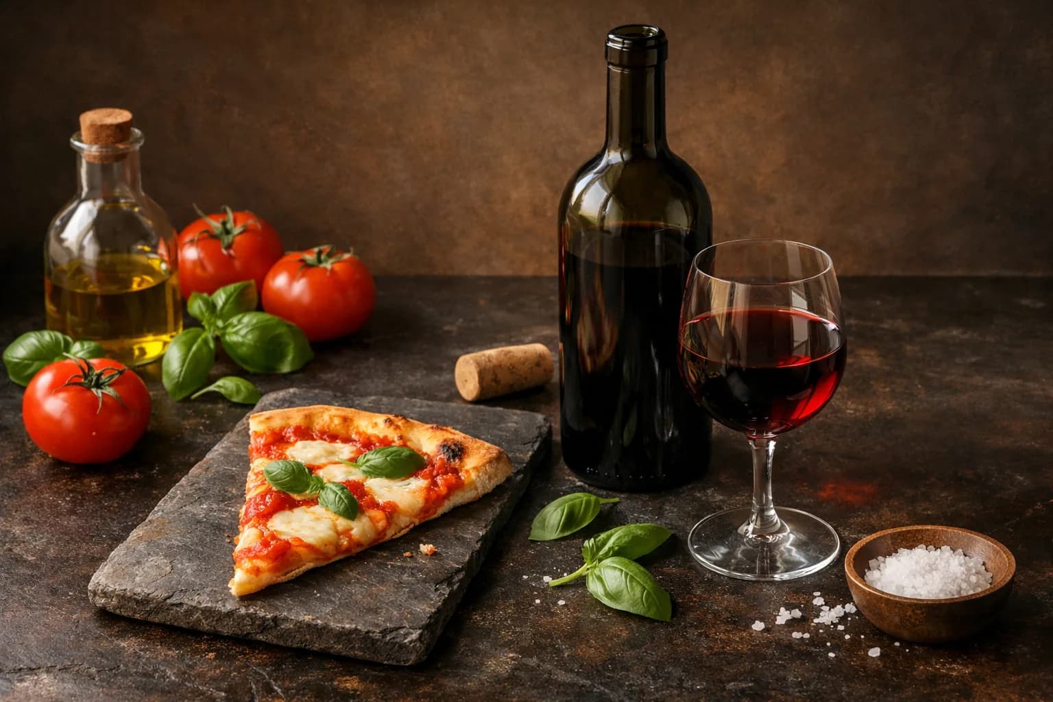 Editorial still life of a pizza slice, wine bottle, and wine glass with tomatoes and basil on a dark stone surface in natural light
