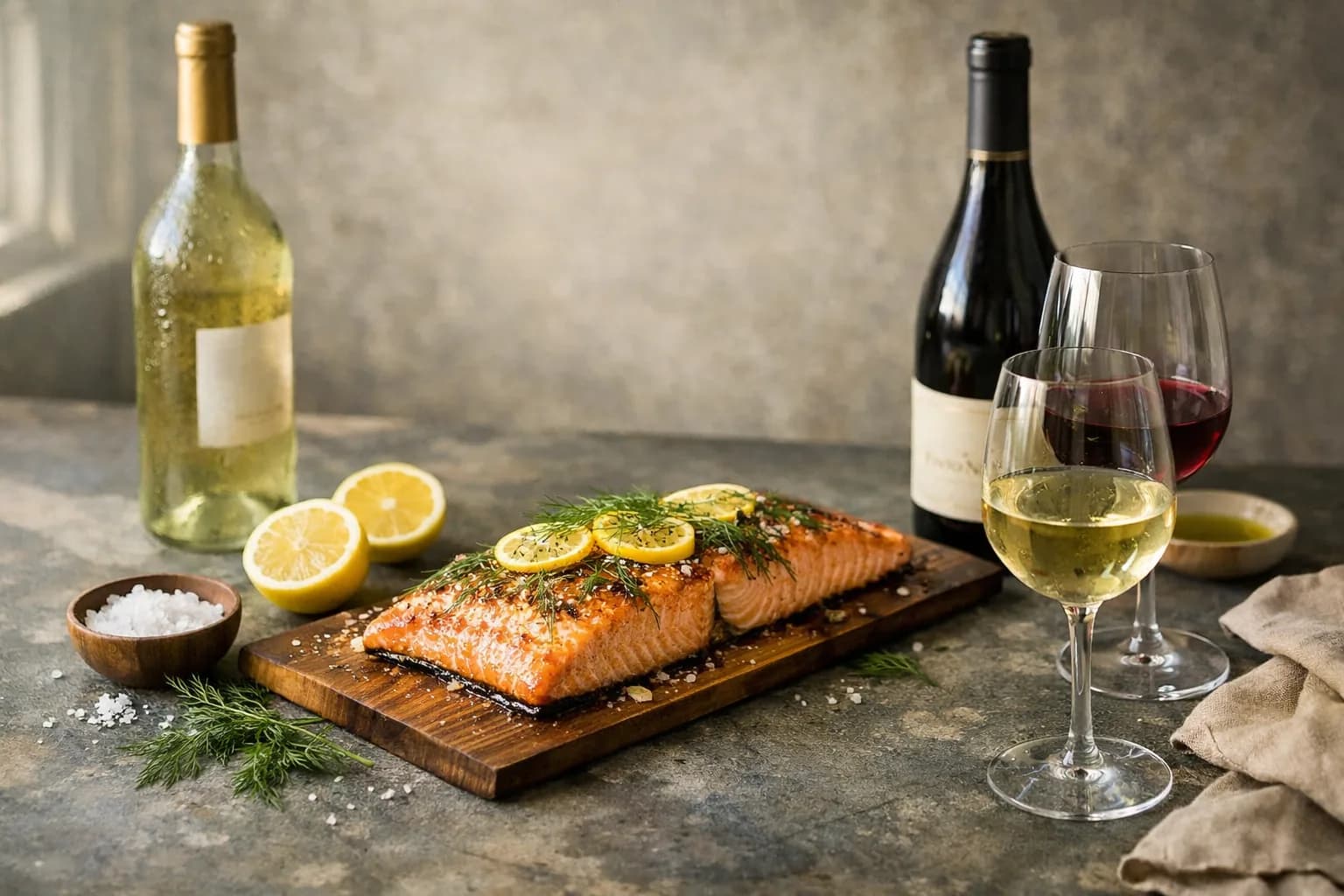 Editorial still life of salmon, lemon, dill, a chilled white wine bottle, a Pinot Noir bottle, and stemware on a stone surface in natural light