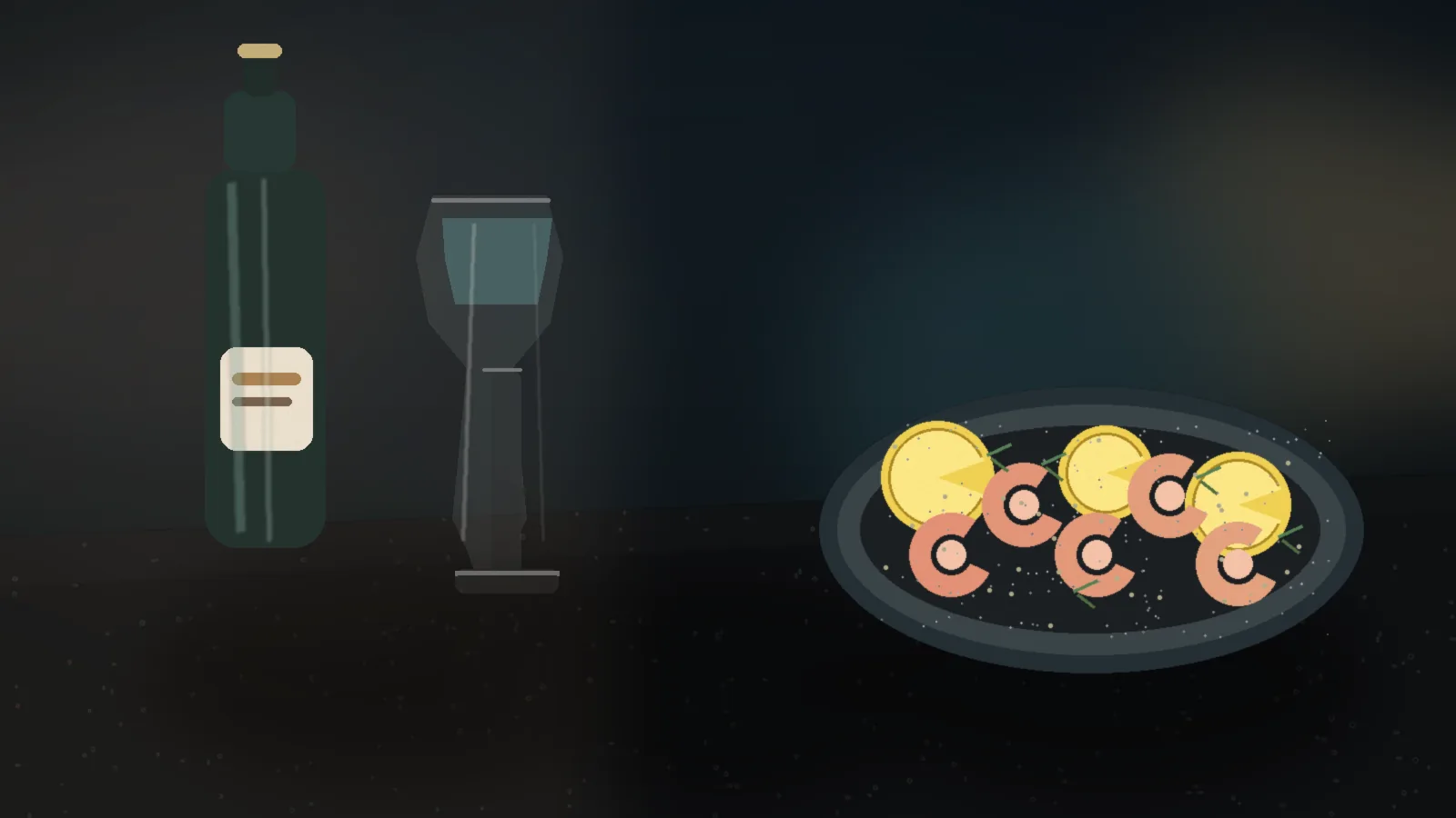 Editorial still life of shrimp, lemon, herbs, a chilled white wine bottle, and stemware on a stone table in natural light