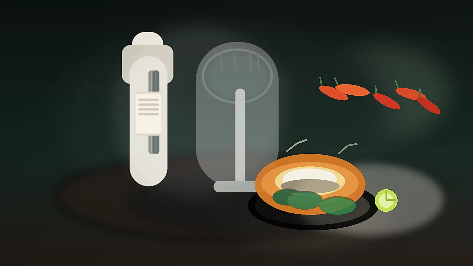 Editorial still life of a chilled white wine bottle, wine glass, chili peppers, lime, basil, and Thai curry ingredients on a dark stone surface