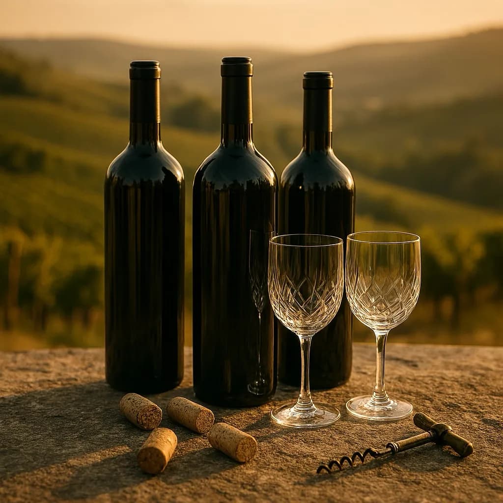 Three wine bottles and two crystal glasses on a stone table at golden hour with vineyard hills behind