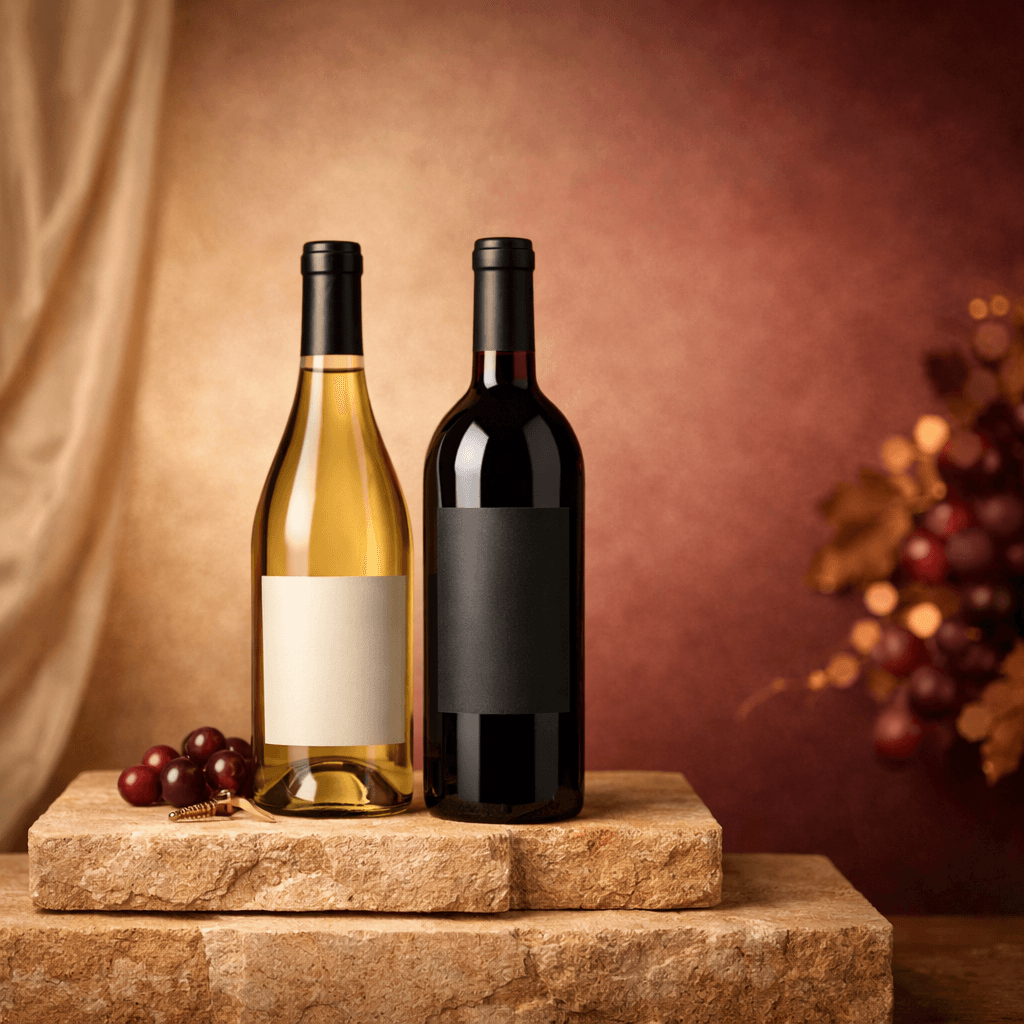 A red and white wine bottle displayed on warm stone plinths with grapes and a softly lit retail backdrop.