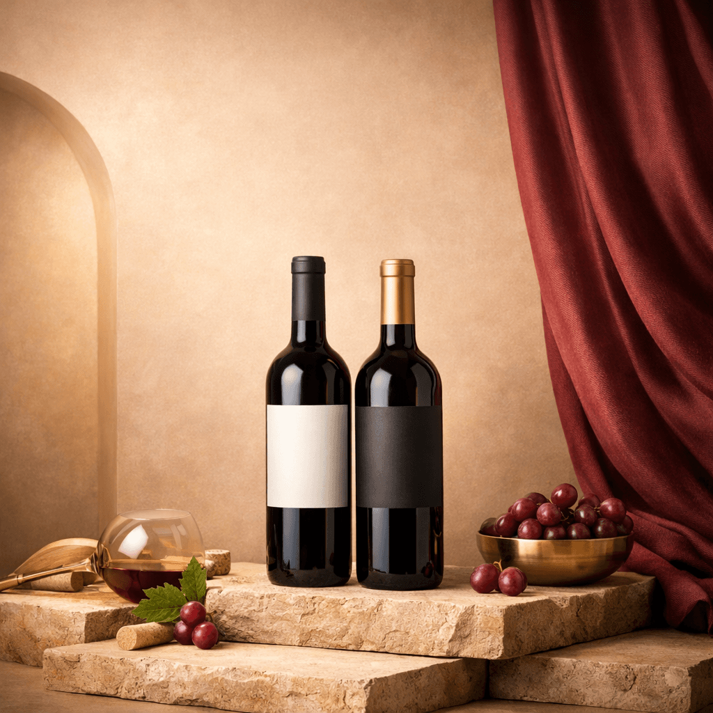 Two red wine bottles on a warm stone retail set with a deep red drape backdrop.