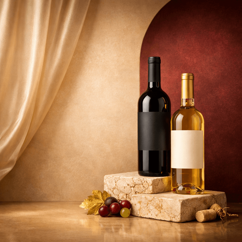 A red and white wine bottle on warm stone plinths with soft studio lighting.