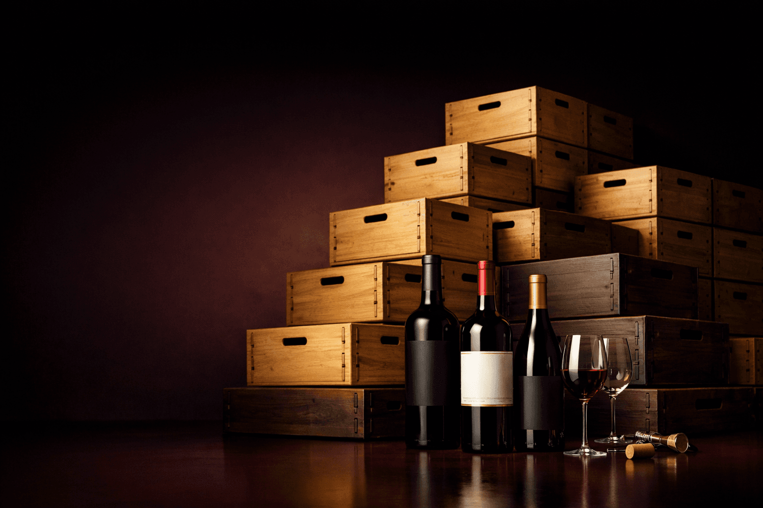 A stack of wooden wine cases with three bottles and glassware on a dark retail set.
