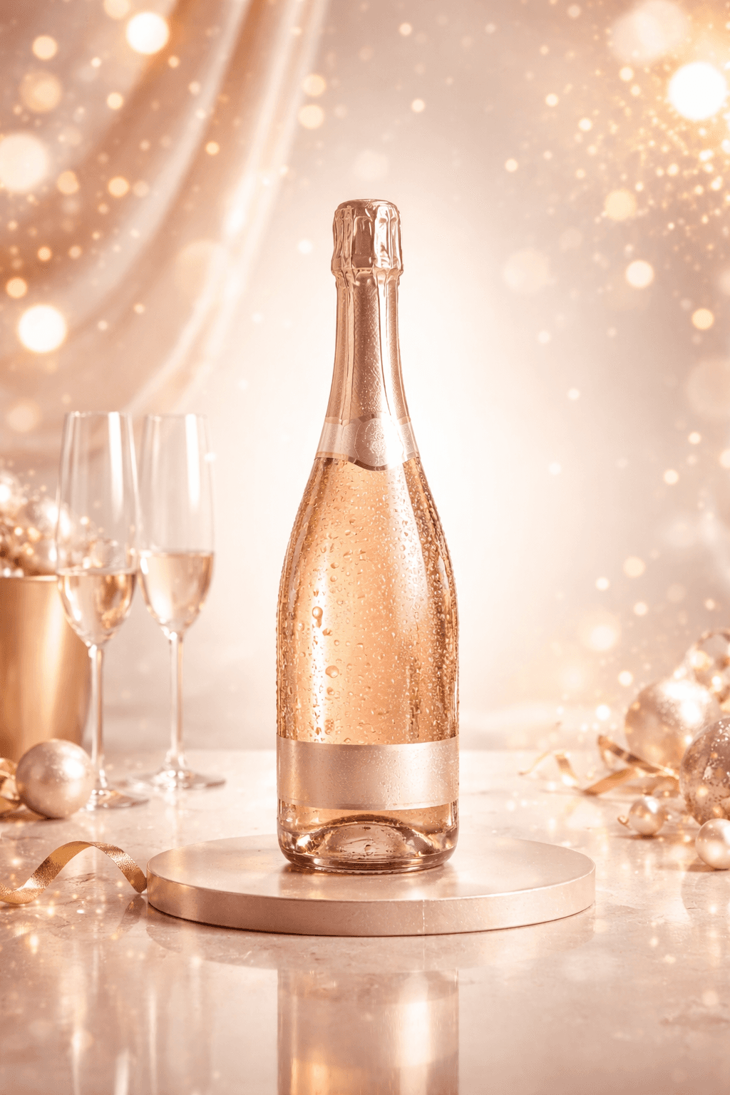 A sparkling rosé bottle with two champagne flutes on a wide glowing celebration backdrop.